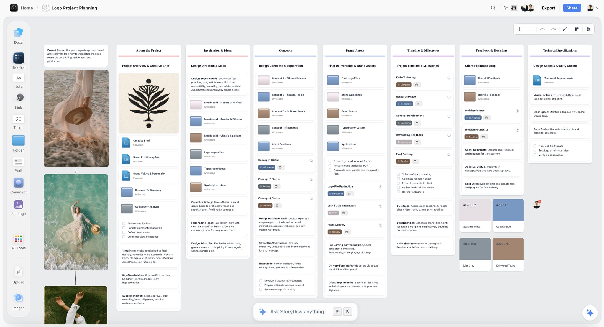 A brand book organized on the Storyflow canvas, with the strategy, logo variations, color swatches, type specimens, and voice notes on one board